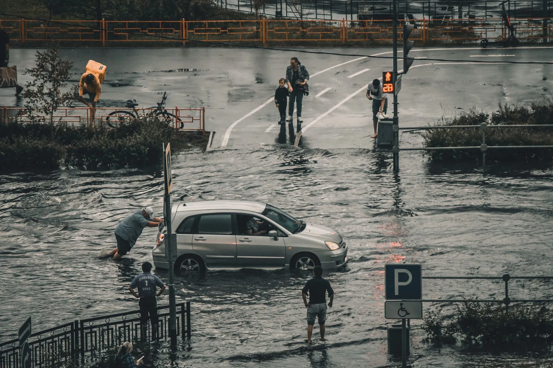 Floodwater rising around buildings