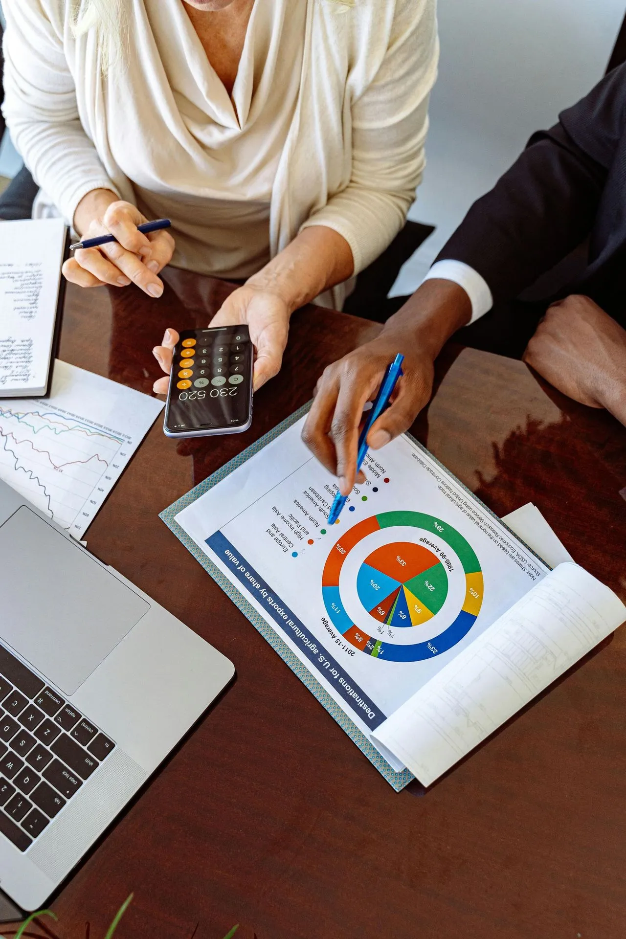 Businesspeople analyzing charts with a calculator and laptop.
