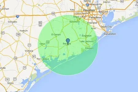 Map of Texas with a green circle centered on Bay City.