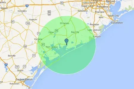 Map with a green circle centered on Palacios, Texas.